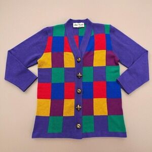 Vintage Color Block Bright Sweater Cardigan Ami Knits USA Acrylic 80s Colorful